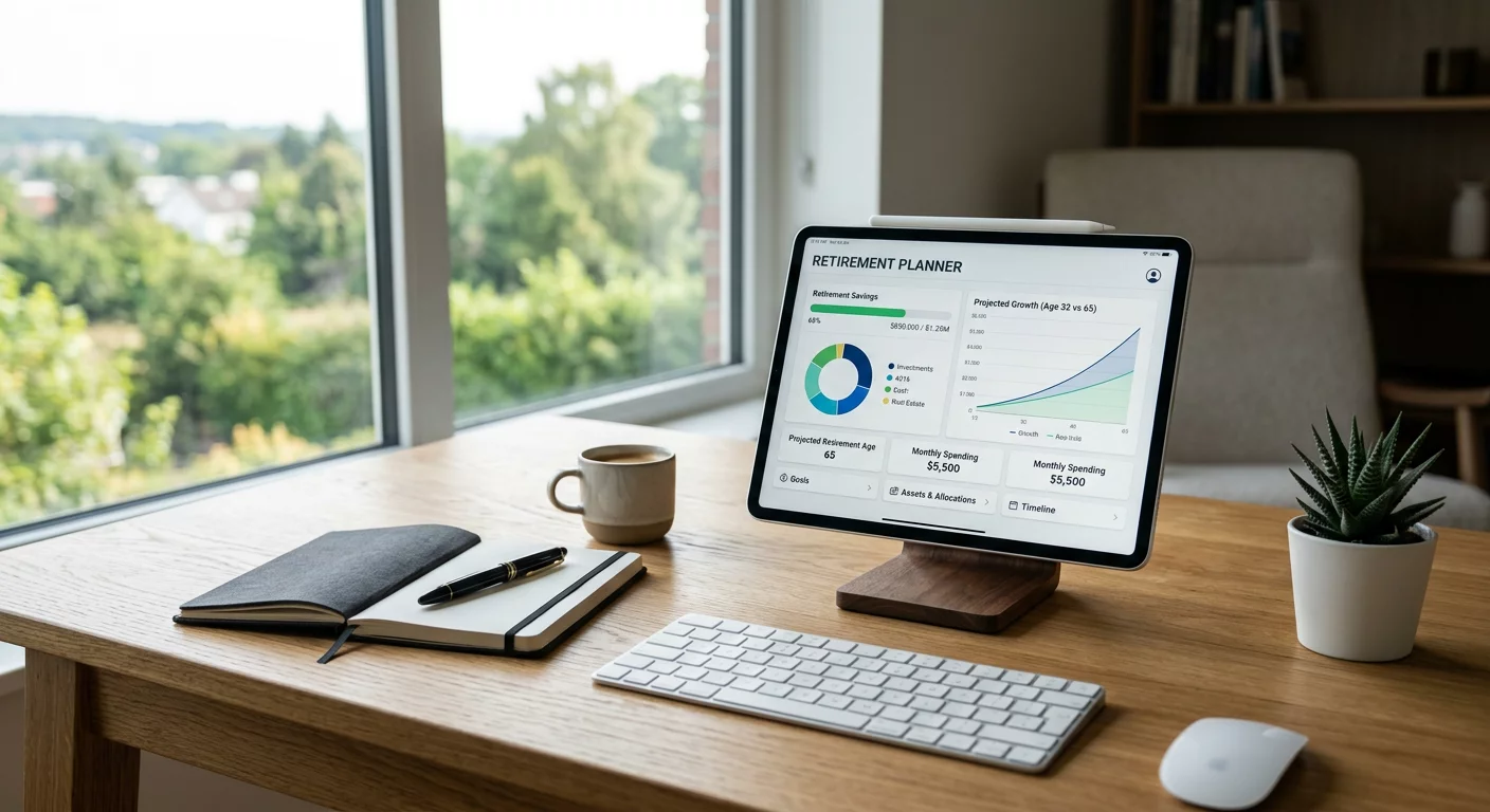 Modern organized workspace with digital tablet showing planning charts and retirement calculations